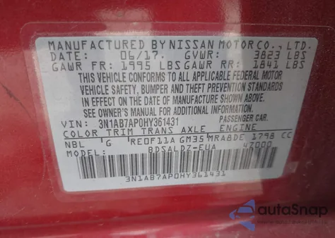 2017 Nissan Sentra Sv from USA, damaged, VIN 3N1AB7AP0HY361431